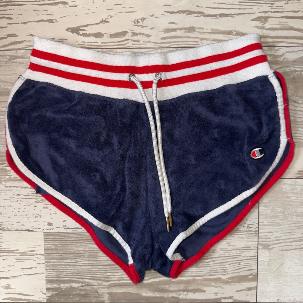Champion Terry Dolphin Shorts Womens XS Navy Red White Retro C Logo
